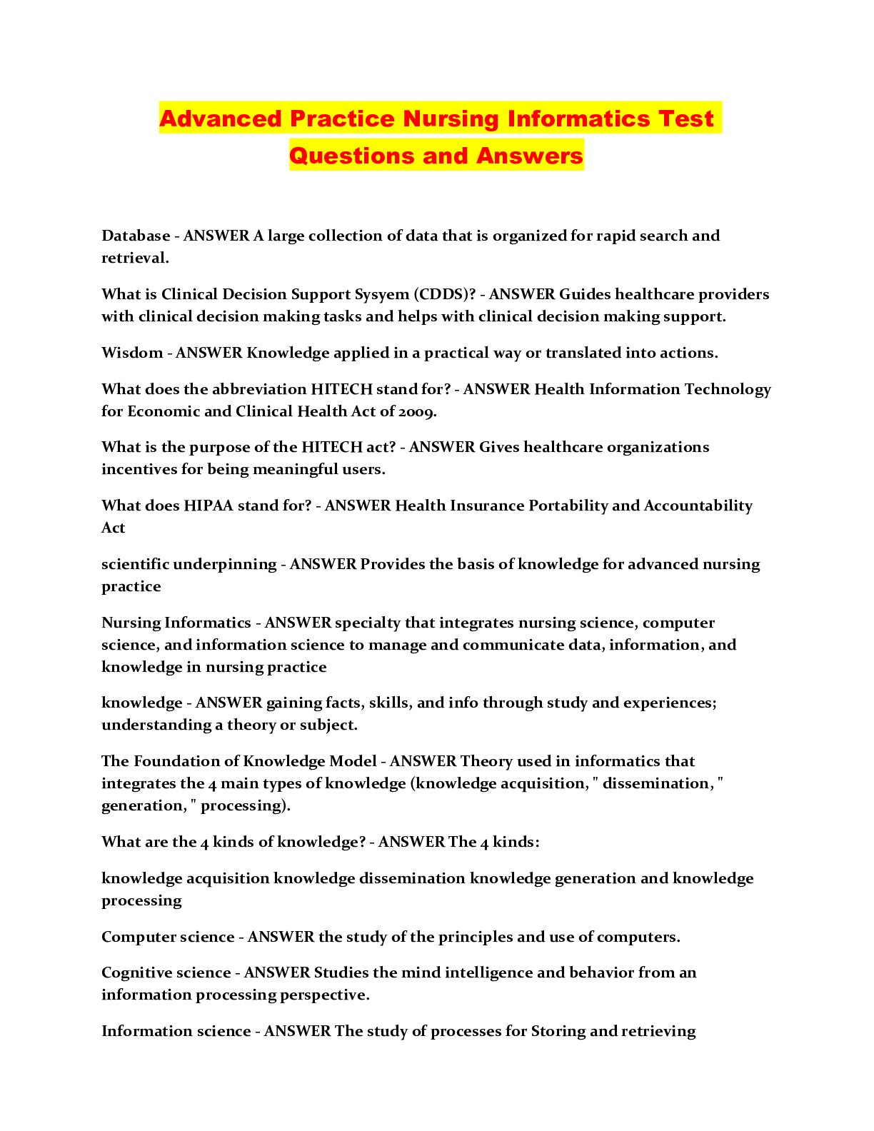 Preview image for Advanced Practice Nursing Informatics Test Questions and Answers